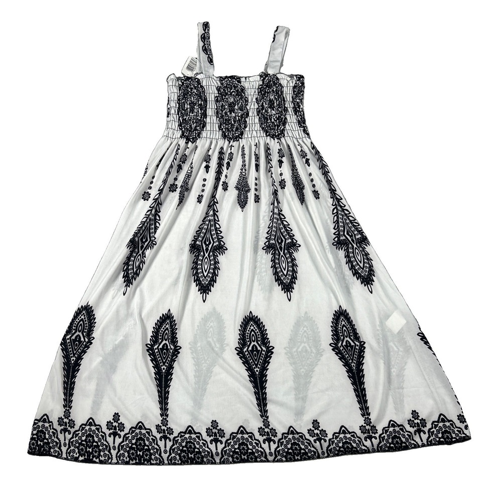 ACE FASHION Women Bohemian Black White Smocked Midi Dress Large NEW